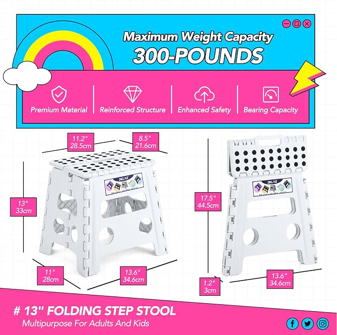 Delxo 13 inch 2 Pack Folding Step Stool, Non-Slip Foldable Stools Up to 300 LBS, Step Stool with Handle, Lightweight Collapsible stools for Kitchen, Bathroom, Bedroom, Garden (White)