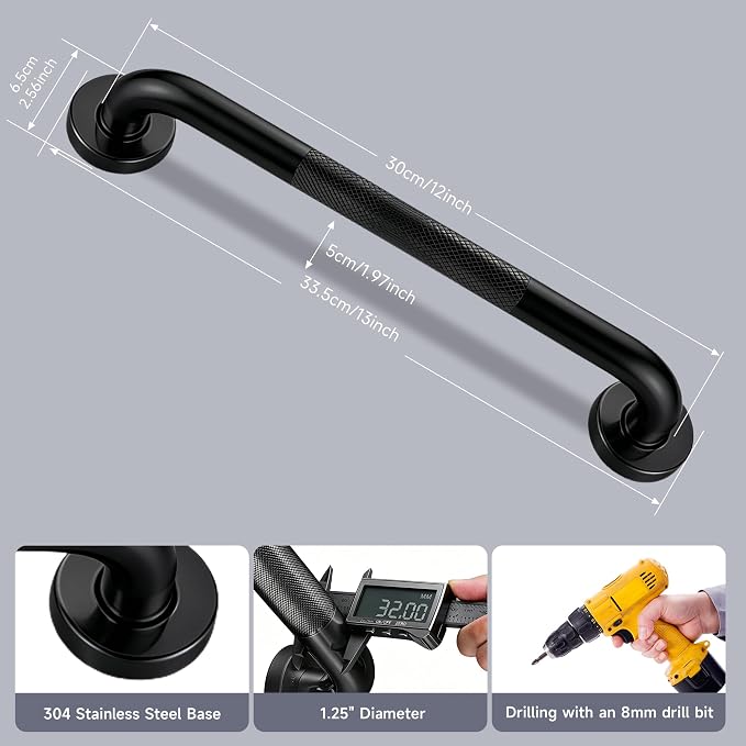 12 Inch Shower Grab Bar 1.25" Dia, 2 Pack Black Anti Slip Bathroom Grab Bar, 304 Stainless Steel Knurled Handicap Grab Bars, Safety Support Handrail,Bath Shower Handle for Elderly Injury Senior