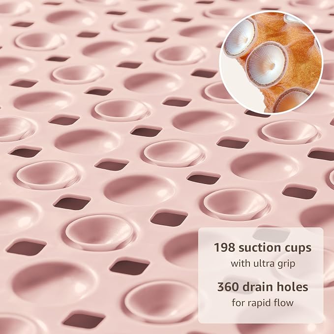 OTHWAY Bath Tub Shower Mat Non Slip, Bathtub Floor Liner Mats for Inside Shower Bathroom, Suction Cups and Drain Holes for Feet Scrubbing, Machine Washable, Soft on Feet, 35x16 Inch, Light Pink