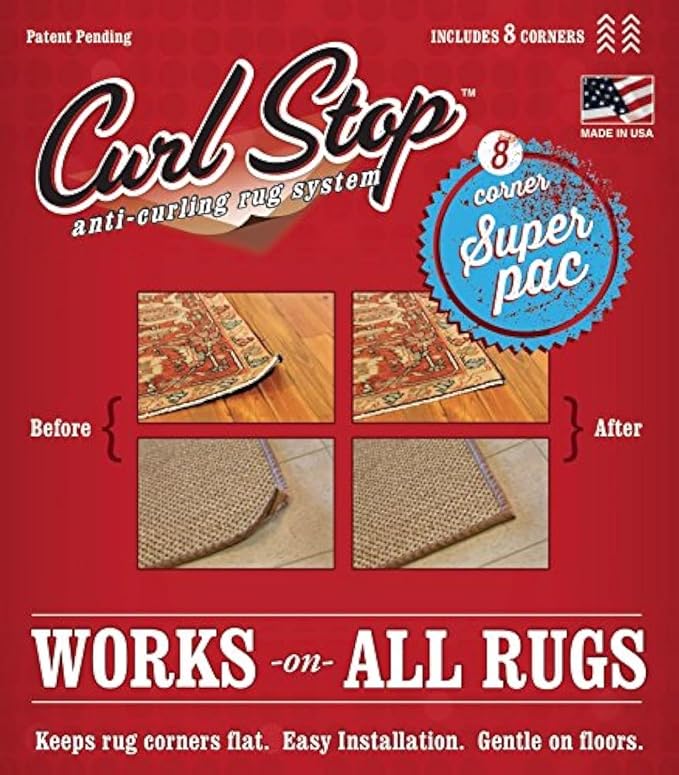 Original Curl Stop Anti-Curling Rug Gripper System to Prevent Rug Corner Curling, Rigid Rug Corner Gripper with Floor-Safe Adhesive, Ultra-Slim Support for Indoor & Outdoor Rugs, Pack of 8