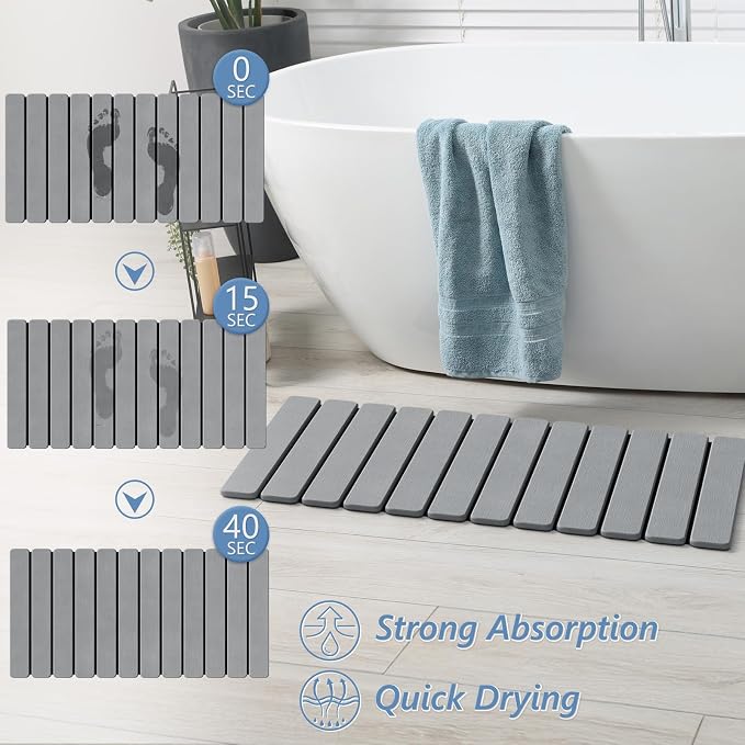AWW Foldable Stone Bath Mat, Quick Dry Diatomaceous Earth Bath Mat with Non-Slip Mat, Super Absorbent, Easy to Clean, Compact for Small Bathrooms, 31.5 x 15.7, Grey