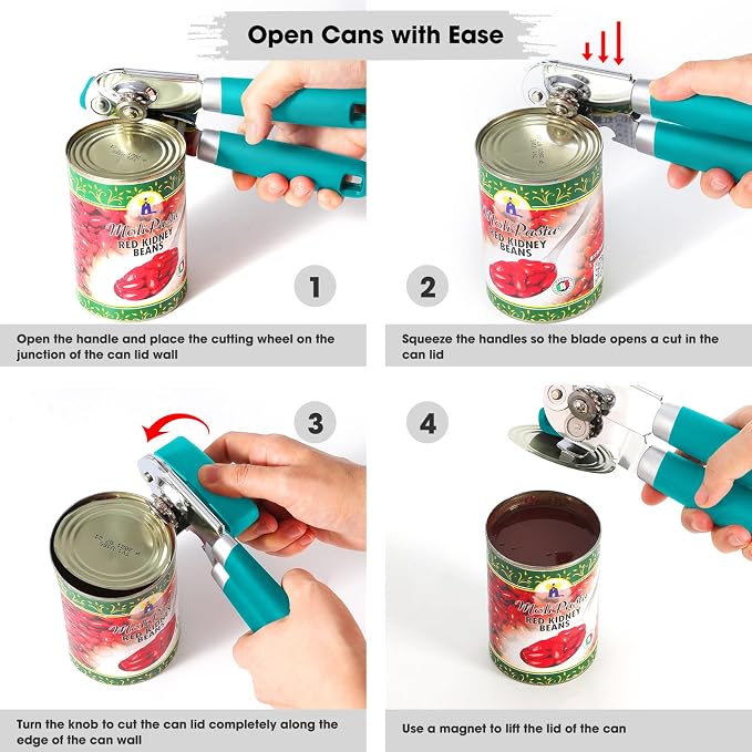 Beneno Heavy Duty Hand Can Opener Manual with Magnet, Durable Sharp Carbon Steel Blade Smooth Cutting, Big Effort-Saving Knob & Soft Grip Handle, Multifunctional Bottle Opener, Turquoise