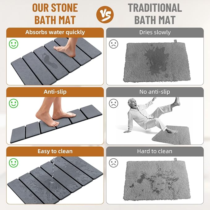 Luxspire Stone Bath Mat Foldable, Quick Drying Diatomaceous Earth Bath Mat for Bathroom, Large Bathroom Rug with Non-Slip Rubber Base, Easy Clean Accessories Outside Shower, 24 x 16 in, Dark Gray