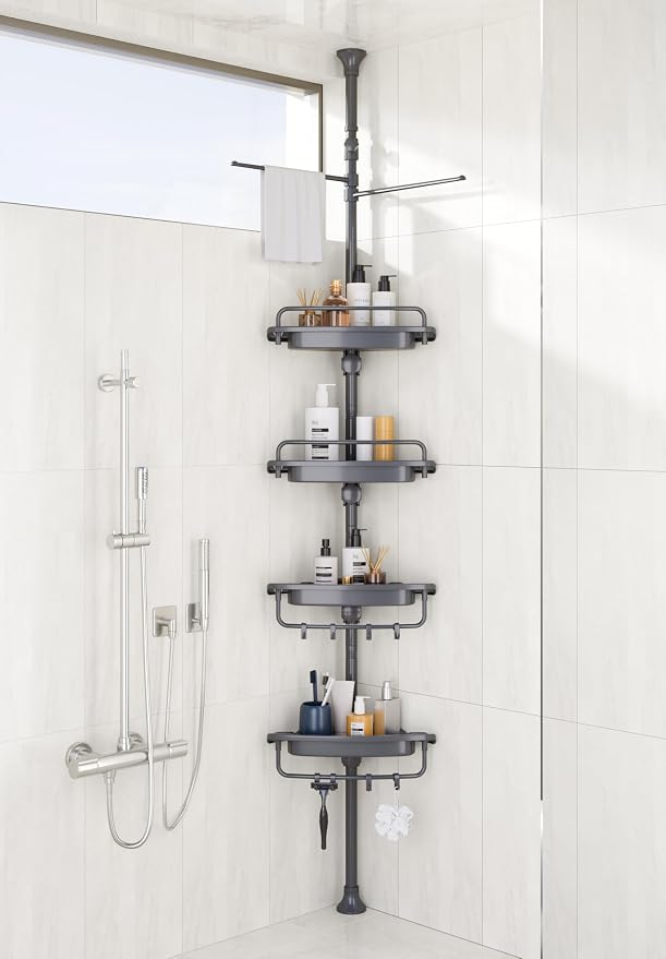 XLHOMO 32-122inch Corner Shower Caddy Tension Pole Grey, Rustproof Drill-Free Shower Shelves for Bathroom Bathtub Washbasin, Adjustable Shower Organizer with 4 Tier Patent Stable Shelves & Towel Bars