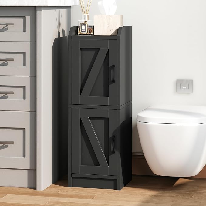 Narrow Bathroom Storage Cabinet with 2 Doors and Shelves, 9.8" W Small Storage Cabinet for Toilet Paper Storage, Slim Cabinet for Small Spaces, Bathroom, Kitchen, 9.8" W × 7.9" D × 29.5" H, Black