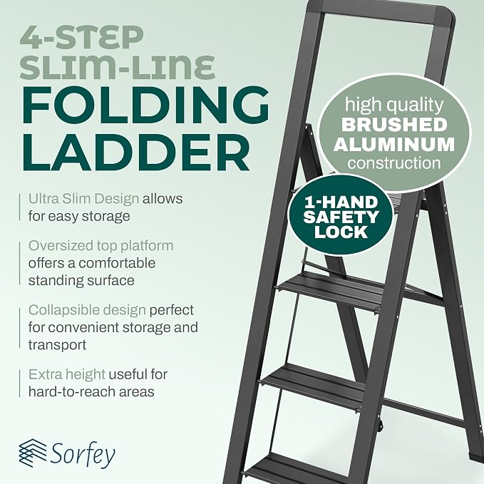 Step Ladder 4 Step Folding, Decorative - Modern Beautiful Black Aluminum,Lock Mechanism, Ultra Slim Profile, Anti Slip Steps, Sturdy-Portable for Home, Office, Kitchen, Photography Use,by SORFEY
