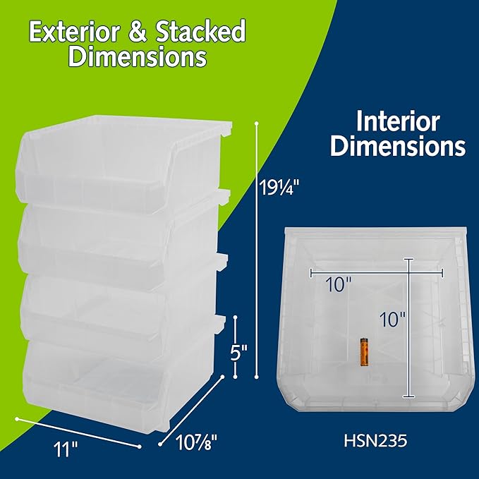 ReadySpace Plastic Containers for Organizing and Storage Bins for Drawers, Desks, Office Organization, and Garage, Stackable Bins, Medium-Wide (5" x 11" x 11"), 4-Pack, Clear