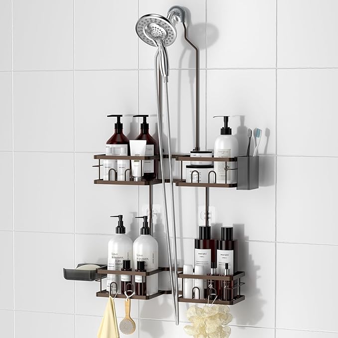 REINHARDT Adjustable Shower Caddy Hanging Rustproof Shower Caddy for Handheld Showerheads, Shower Organizer with Hooks Soap Holder, Anti-Swing Shower Rack Bathroom Accessories, Bronze