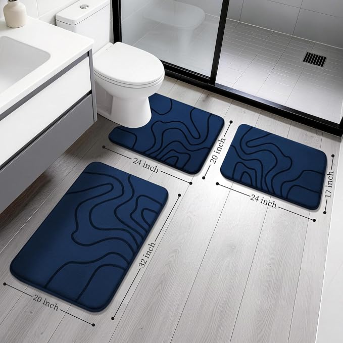 YIHOUSE Memory Foam Bathroom Rugs Sets 3 Piece - Extra Thick Ultra Soft Absorbent Bath Mat Set, Non-Slip Machine Washable Bath Rugs for Bathroom, Tub & Shower, Home Decor Accessories, Dark Blue