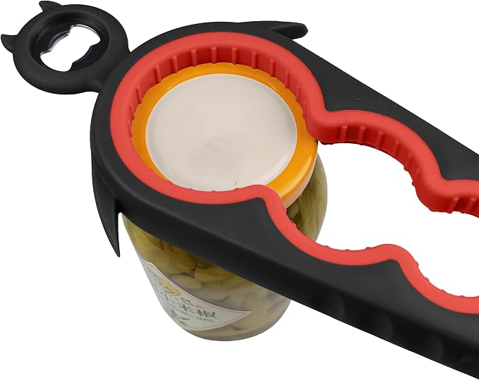 Jar Opener Bottle Opener for Arthritis, 5-in-1 Multifunctional Jar Opener, Easy Grip for Seniors and Weak Hands, Devil Shape Kitchen Gadget for Jar, Beer and Bottle (Black and Red)
