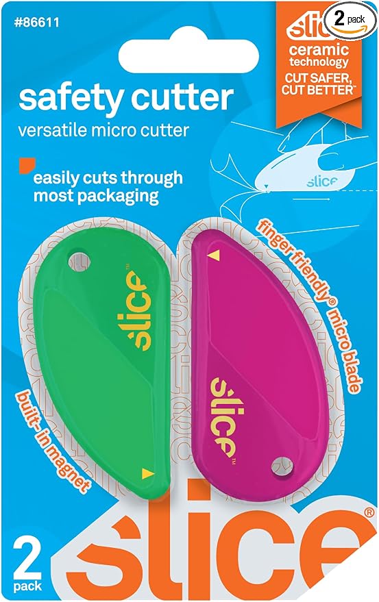 Slice Micro Safety Cutter | Safe Ceramic Box Cutter Lasting 11x Longer than Metal | Keychain Box Opener | Combo Pack | Vivid Green + Fuchsia