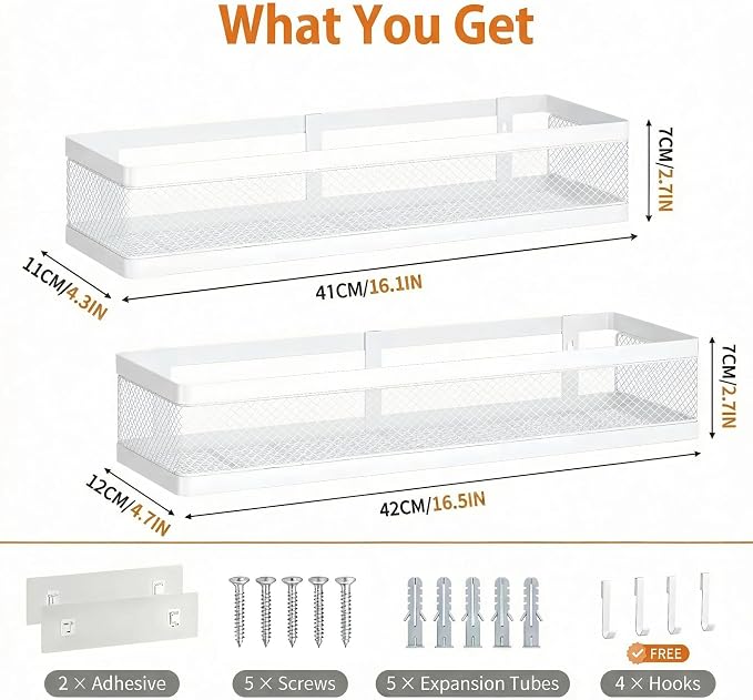 PUSDON 16.5-Inch Extra Long Slim Mesh Shower Caddy, Wall Mounted Bathroom Organizer with Adhesive, Heavy Duty Rustproof Shelf for Narrow Kitchen Pantry & RV, Holds 50 LBS 2-Pack - White Netting