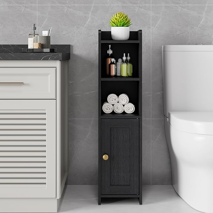 Lomojo Small Bathroom Storage Cabinet, Toilet CabinetFreestanding Bathroom Organizer for Small Spaces, Narrow Toilet Paper Corner Floor with Door and Shelves,Black