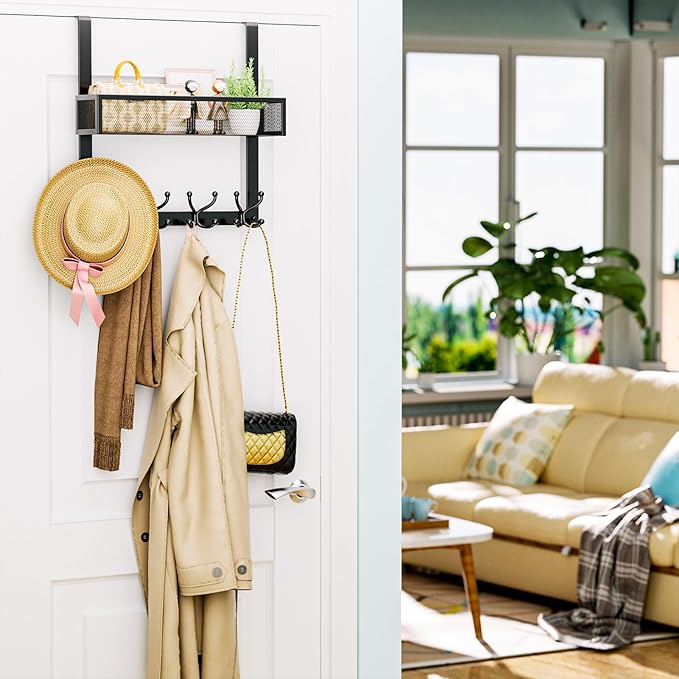 Consumest Over The Door Hooks Organizer - 2 Tier Over Door Hanger with 16 Hooks & 2 Baskets for Hanging Coat, Clothing, Towel, Back Storage for Bathroom, Closet, College Dorm, Black