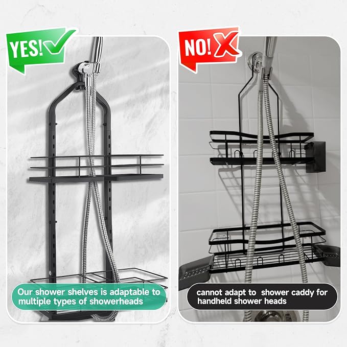 Shower Caddy Hanging for Handheld Showerheads Adjustable Hagging Shower Caddy, Stainless Steel Hose Hanging Shower Organizer 4 Levels Height Shower Rack（black