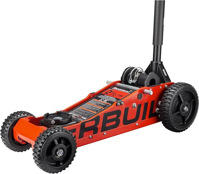 Powerbuilt 2.5 Ton Big Wheel Off Road Jack, Vehicle Lift for Trucks, SUVs, ATVs Offroad Vehicles, Oversized Wheels for Rugged Terrain, 5000 LB Capacity, Orange 620703ECE
