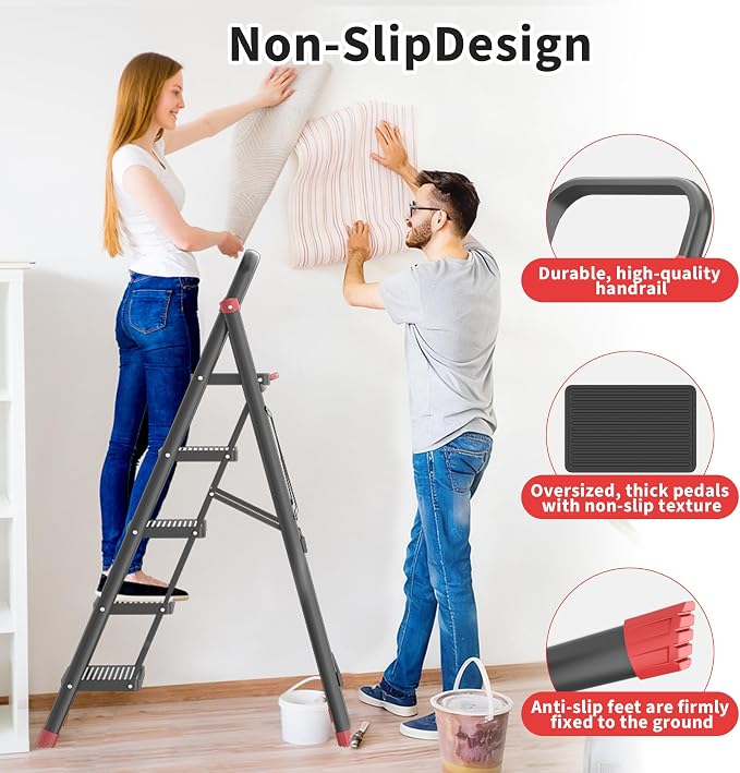 DIAMONDFORGE 5-Step Folding Step Stool Ladder, Heavy Duty Steel with Anti-Slip Wide Pedals & Feet, 800 lbs Capacity for Home Kitchen, Black Red