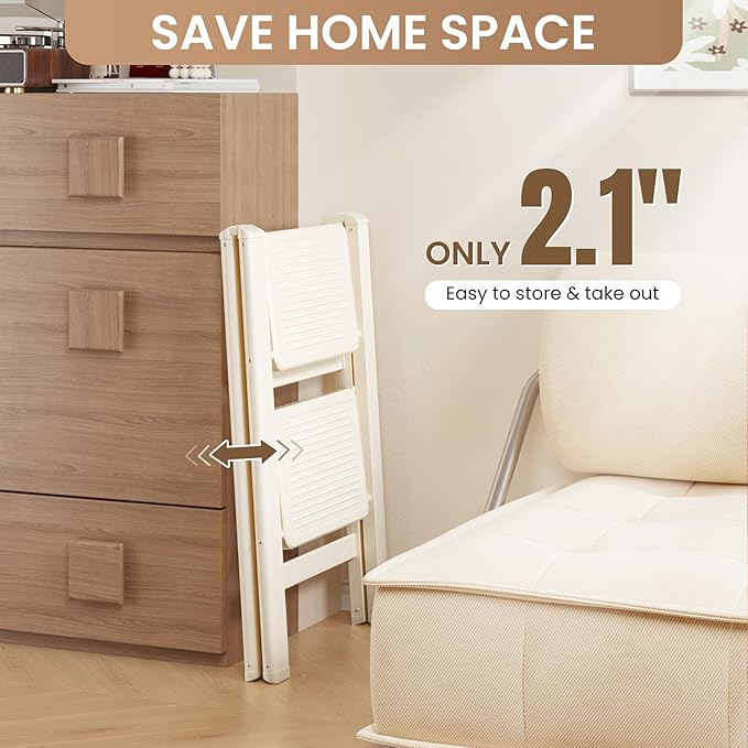 2 Step Ladder Folding Step Stool with Wide Anti-Slip Pedal, 330LBS Capacity, Lightweight Portable Stepladder for Home and Kitchen Use, Cream White