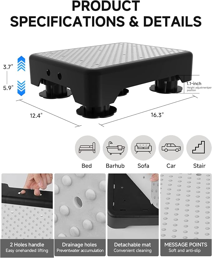 Adjustable Step Stool for Adults, Bed Step Stools, 600 LBS Capacity Safety Wide Step Platform, Indoor and Outdoor Steps for Seniors, Non-Slip Stepping Stool Elderly Assistance, Grey