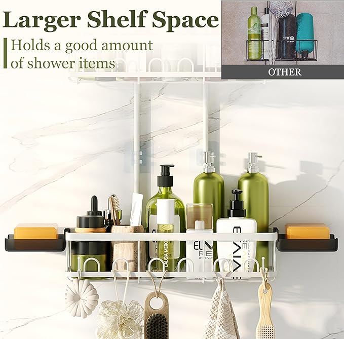 Skyapex Shower Caddy Hanging: Adjustable Height Organizer for Over Showerhead - Rustproof Shower Shelves with Hooks & 2 Soap Holders, White