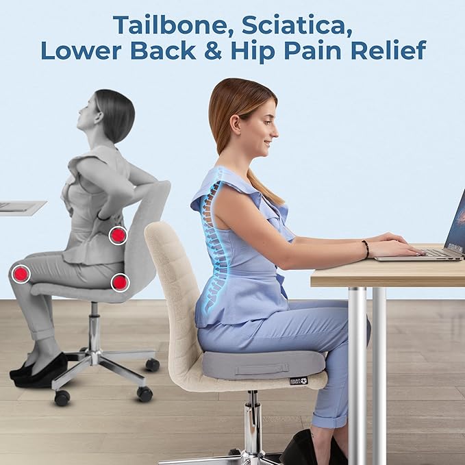 5 STARS UNITED Seat Cushion - Memory Foam Chair Cushion for Tailbone Pain Relief - Ergonomic Support for Coccyx, Sciatica & Butt - Office, Desk & Gaming Chair, Car Seat, Wheelchair, Airplane, L Gray