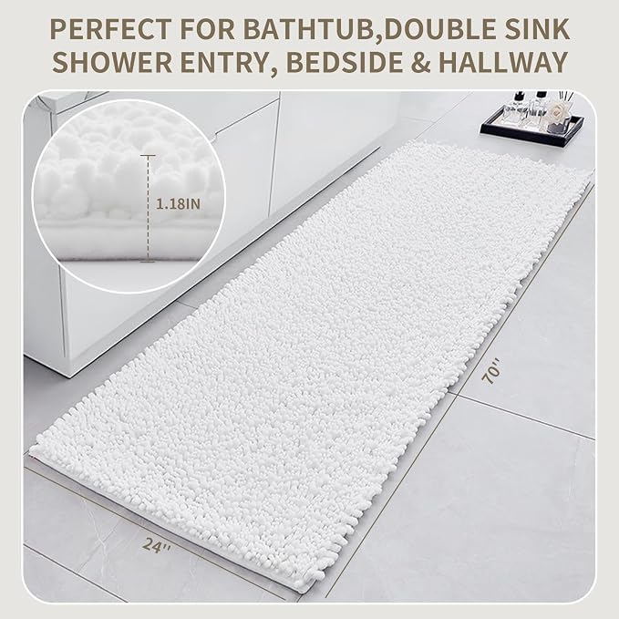 Bathroom Rugs Non Slip Washable 70x24, Extra Thick Soft Chenille Absorbent Bath Mat, High Density Barrier Non Slip Backing, Quick Dry Plush Shaggy Floor Carpet for Tub&Shower, White