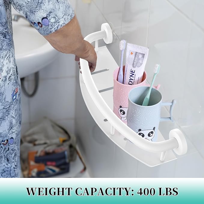 White 18-inch Safety Grab Bar with Storage Shelf for Bathtub or Shower, Drainage Holes, Stainless Steel, Wall Mounted Grab Bars for Elderly Injured Balance Support