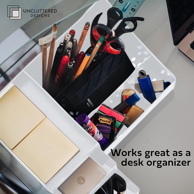 Uncluttered Designs Large Makeup Organizer for Vanity - Countertop Desk With Drawers for Cosmetic, Beauty, Hair, Nail, Perfume & Skincare - Perfect for Bathroom & Bedroom Storage (White)