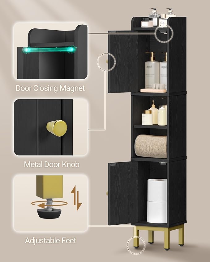 Hzuaneri Slim Bathroom Storage Cabinet, Narrow Bathroom Organizers and Storage with 4 Adjustable Feet, Laundry Room Organization for Small Space, Kitchen, Living Room, 2 Doors Black BC22404G