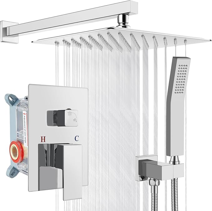 gotonovo Rainfall Bathroom Shower System Rain Shower Head and Handle Set Wall Mounted Shower Complete Combo Solid Brass Pressure Balancing Shower Mixer Valve 12 Inch Polished Chrome