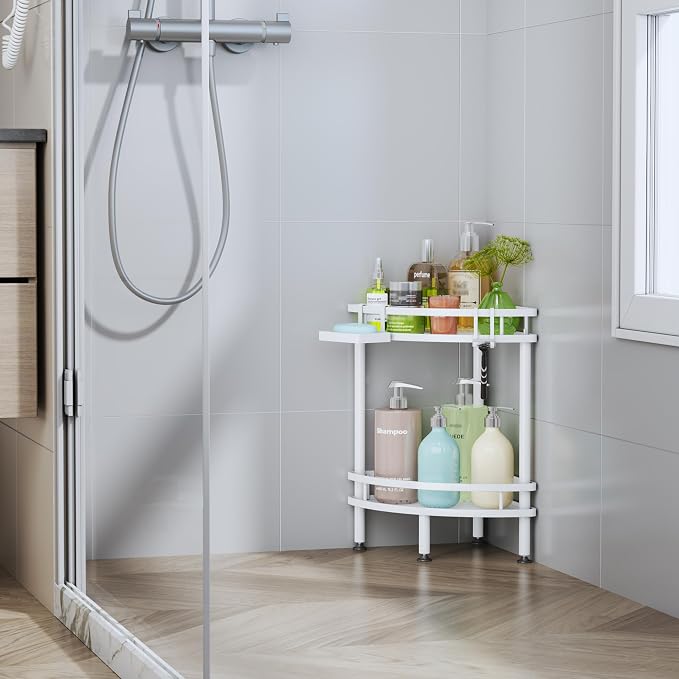HapiRm Standing Corner Shower Caddy - 2 Tier Shower Organizer Corner with Soap Holder and 4 Hooks, Rustproof Bathroom Storage Shelves with Adhesives, White