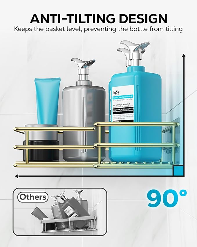 Nieifi Corner Shower Shelves Stainless Steel, Adhesive Shower Caddy Basket Rack with Hooks, Rust Proof for Bathroom Shelf Shampoo Holder (Golden, 2 Pack)