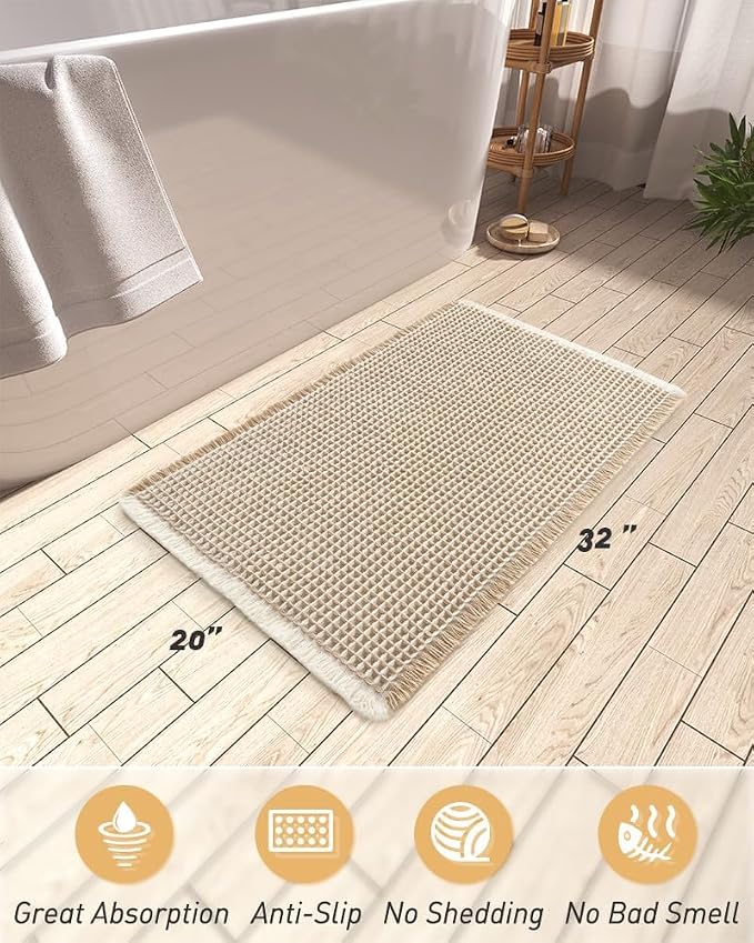 AMOAMI Upgraded Waffle Bath Mat, Super Absorbent Non Slip Bath Mats for Bathroom Floor, Washable Bathroom Rugs with Tassels, Rubber Backed Bathroom Mats, Ultra Soft, 20" x 32", Brown & Cream