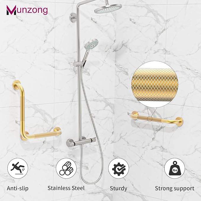 16" Angled Gold Bathroom Grab Bars for Shower with 20" Straight Munzong Toilet Handicap Grab Rail,Anti Slip Stainless Steel Knurled Safety Handle Support Elderly Injury Senior