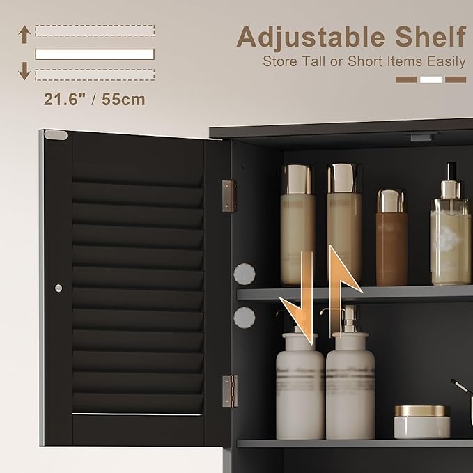ChooChoo Bathroom Wall Cabinet with Towels Bar, 23.6" L x 8.8" W x 29.5" H MDF Material Medicine Cabinet, 2 Doors Over The Toilet Space Saver Storage Cabinet with Large Space, Black