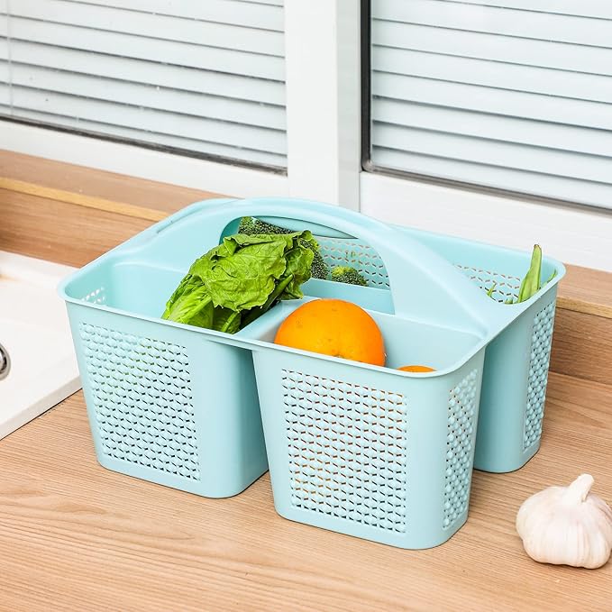 UUJOLY Plastic Portable Shower Caddy, Cleaning Shower Basket with Handle Compartments Storage Organizer for Bathroom Kitchen College Dorm Sink, Blue
