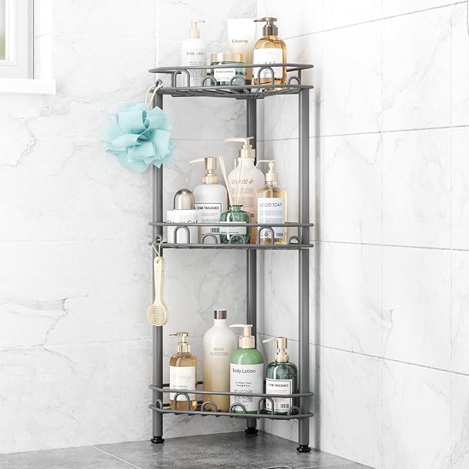 SWTYMIKI Standing Shower Caddy Corner - 3‑Tier Stainless Steel Shower Organizer Shelf with 12 Hooks and Adhesive Pads, Rustproof Corner Shelves Stand Rack for Bathroom Shower Room, Gray