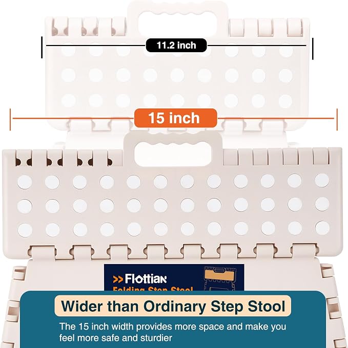 Flottian 9" Folding Step Stool for Adults and Kids 15-Inch Extra Wide Stool Holds Up to 300 lbs,Non-Slip Folding Stools with Handle,Compact Plastic Foldable Step Stool for Bathroom,Kitchen,ect,Khaki