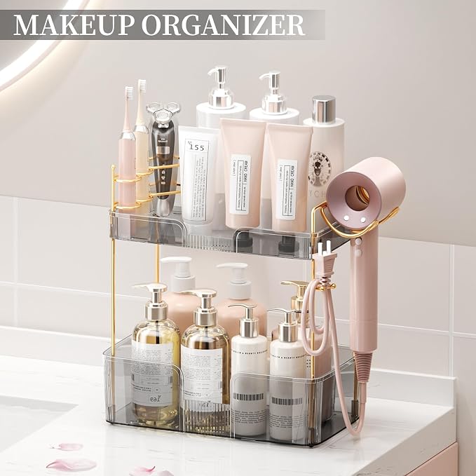 shuang qing 2 Tier Bathroom Counter Organizer with Hair Dryer Holder, Hair Tool Countertop Storage, Cosmetics Skincare Shelf, Makeup Organizer Perfume for Dresser Vanity Tray - Grey