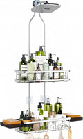 Skyapex Shower Caddy Hanging: Adjustable Height, Rustproof Shelves with Hooks, 2 Soap Holders - Silver Shower Organizer Over Showerhead