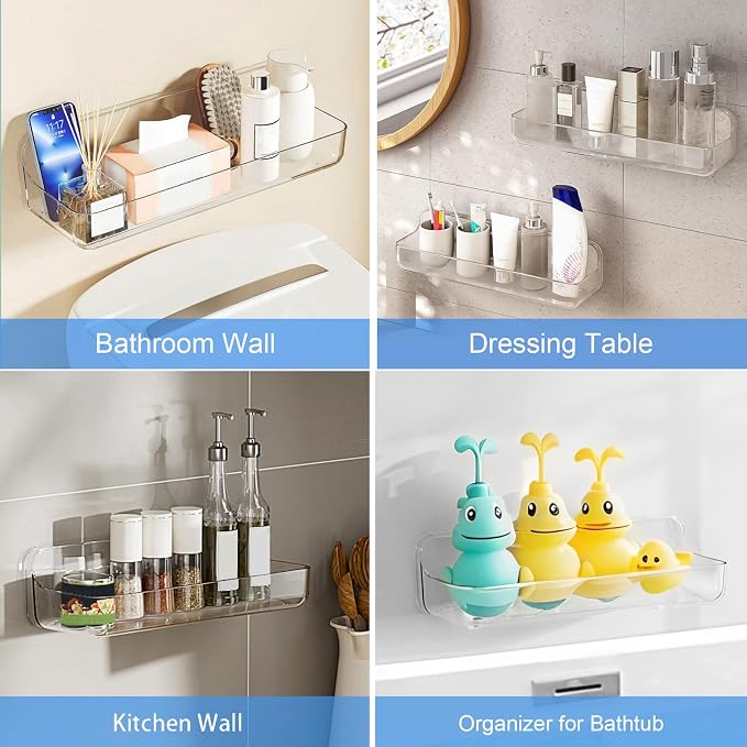 Diesisa Acrylic Wall Mounted Shower Caddy, Clear, Large Size 4D x 12.8" W x 3.3" H, Acrylic Shelf, No Drilling Walls Adhesive Shelf, Bathroom Shelves with Self Adhesive Tape for Bathroom, Kitchen