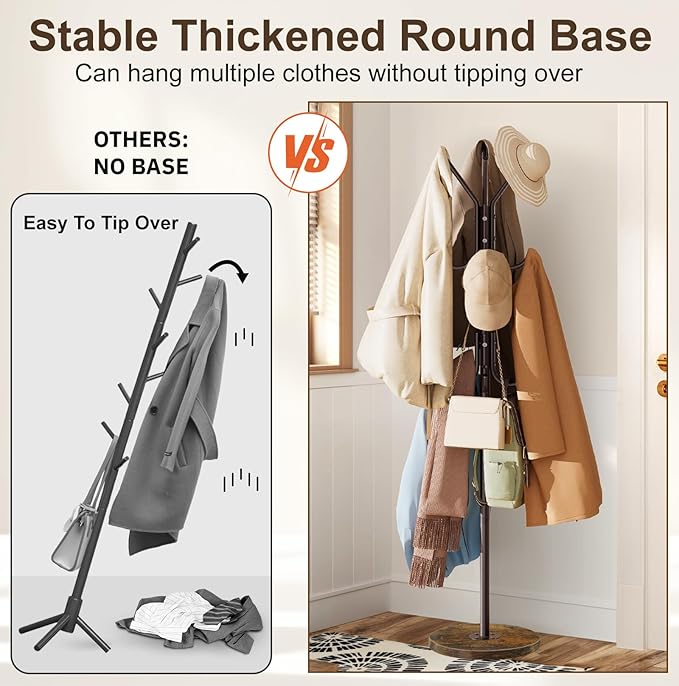 MISSLO Heavy Duty Coat Rack Freestanding with Stable Wood Base Modern Brown Coat Tree with 12 Hooks Adjustable Coats Hanger Stand Stylish Standing Clothes Tree for Entryway Bedroom Corner Hall