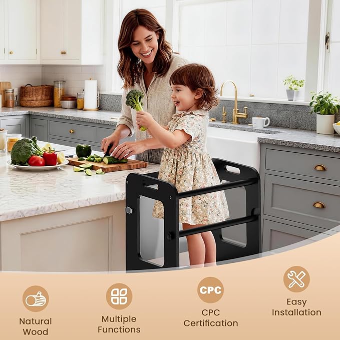 Woodure 4-in-1 Toddler Kitchen Step Stool, Learning Standing Tower with Whiteboard, Wooden Kitchen Stool Helper for Kids, 1-3 Year Old Boy Girl Gifts-Black