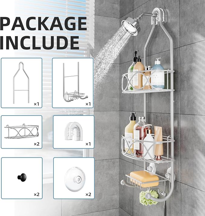 GAOKASE Shower Caddy Hanging 3 Tier with Two Movable Baskets, Grey Shower Caddy with Hooks for Towels, Sponge and More