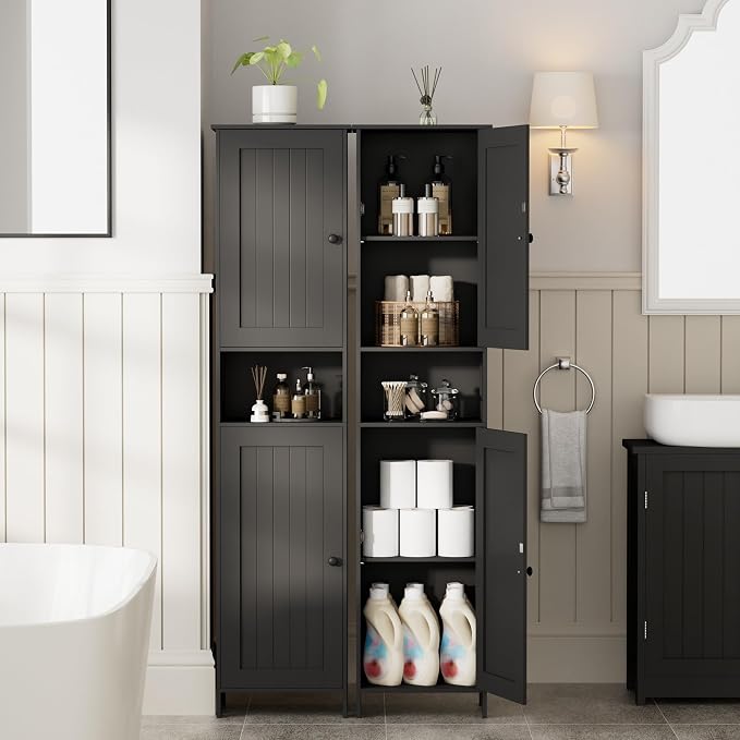 Homleke Tall Bathroom Storage Cabinet with 2 Doors, 67"H Narrow Storage Cabinet with Adjustable Shelves& Anti-Tip Design, Reversible Door Installation, Easy Assembly, 11.8 x 15.7 x 66.9 Inches, Black