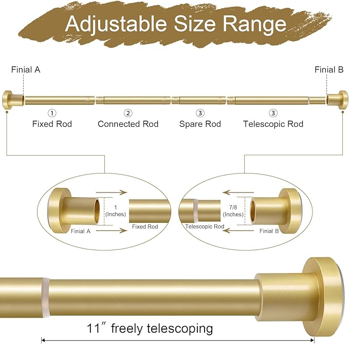 YNL Gold Shower Curtain Rod 32-80 Inch(2.7-6.6ft), Non Slip, Never Rust, No Drill Stainless Steel Spring Tension Shower Rod, Adjustable Tension Rod for Bathroom