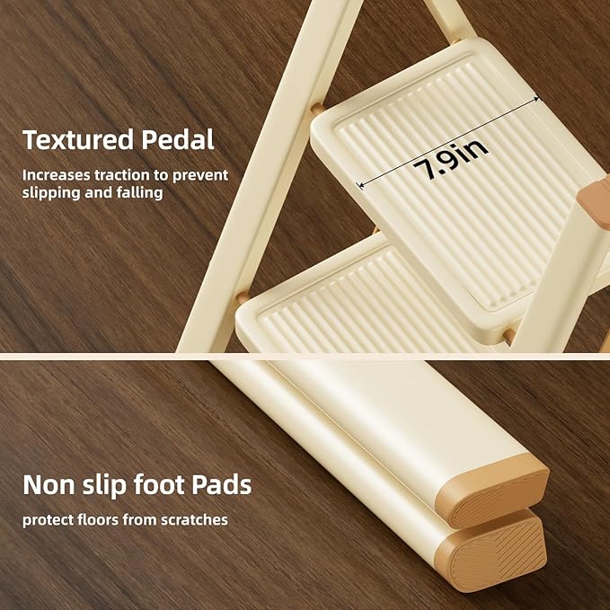 SOLADDER 2 Step Ladder, Anti-Slip and Lightweight Foldable Step Stool for Adults to Use in Kitchen, Closet and Library, 300lbs(Cream Chocalate)