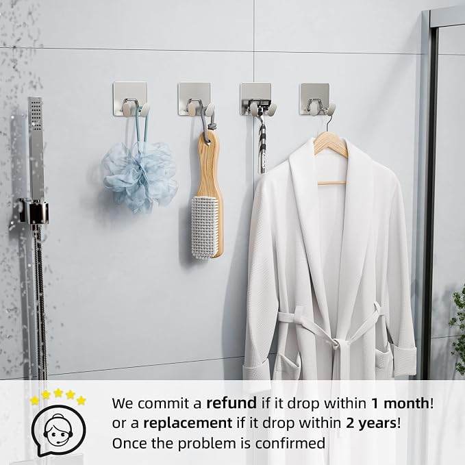 Adhesive Shower Hooks for Inside - Extra Sticky Stainless, Razor Holder Shower Accessories, Wall Mounted Self-Adhesive Double Hooks for Razor, Loofah, Towel, Shaver, Coat, Key, Silver, 4-Pack