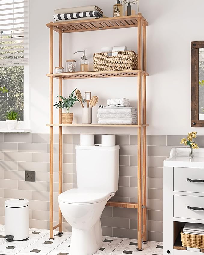 AmazerBath Over The Toilet Storage Bamboo, Bathroom Over Toilet Organizer Rack, 3-Tier Freestanding Above Toilet Shelf for Bathroom, Laundry, Space Saver, Natural Color