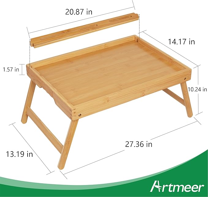 Artmeer Bed Tray Table with Folding Legs, Bamboo Breakfast Food Tray with Media Slot, Use As Platter, Laptop Desk, Snack, TV Tray Kitchen Serving Tray (Bamboo Extra-Large Size)